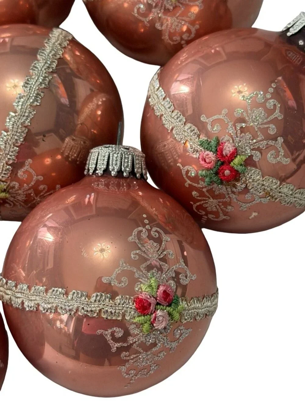 Vintage Pink Glass Christmas Ornaments Set of 9 Floral Ribbon Glitter 2.5-3